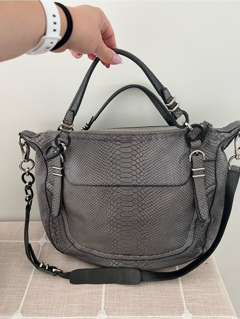 Gray Python-Embossed Leather Shoulder Bag - Picture 2 of 9